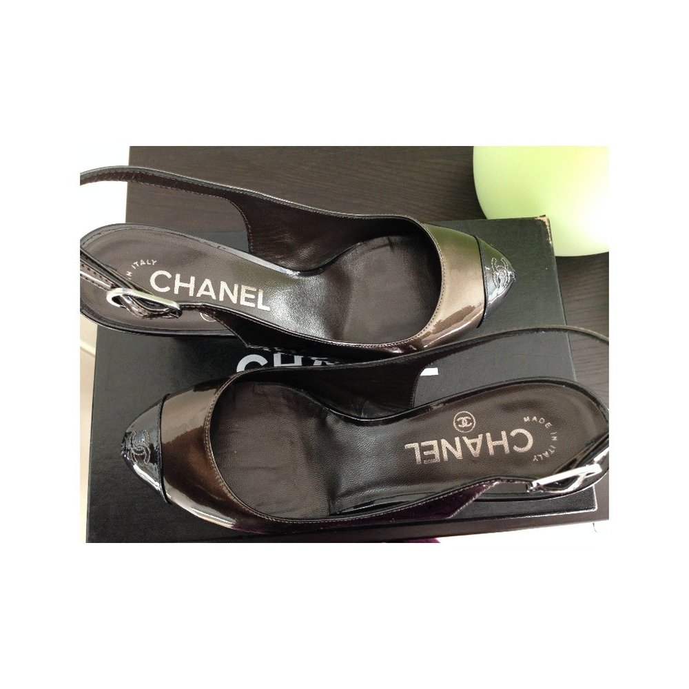 Auth Chanel CC LOGO TOE bronze w/ black slingback pumps box bags SZ 7 US 37 EU - Picture 5 of 11